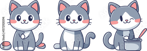 Three cartoon cats in different poses on a white background