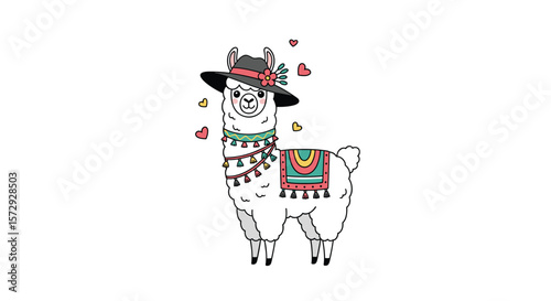 Adorable festive llama with stylish hat and colorful decorations celebrating a special occasion joyfully