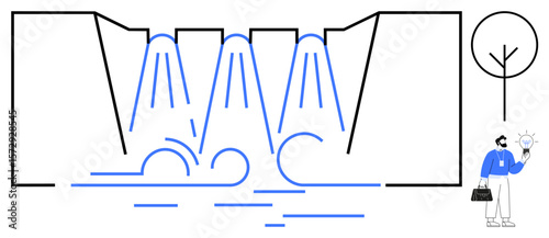 Flowing water through multiple dams, generating waves and energy. Businessman holding a light bulb under a tree. Ideal for sustainability, innovation, renewable energy, nature, business, hydropower