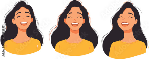Three cartoon woman smiling with dark hair and yellow shirts on white