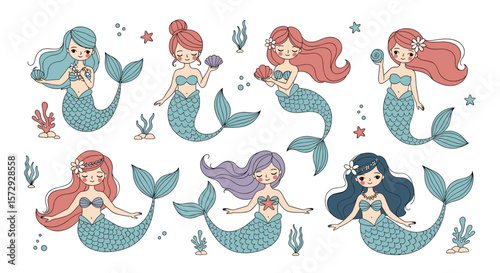 Collection of adorable mermaids enjoying underwater world with coral and seaweed