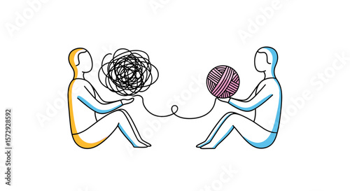 Two people connecting tangled threads into order with patience and understanding