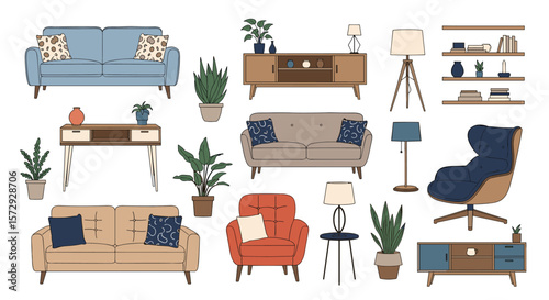 Modern mid century living room furniture collection with plants lamps and shelves