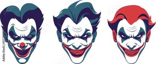 Three joker faces with different hair colors on a white background