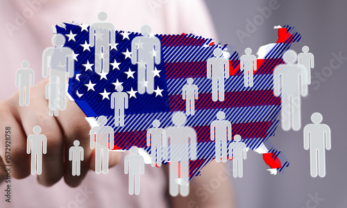 Photos Stock photo of a hand interacting with a digital map of the USA overlaid with icons representing people