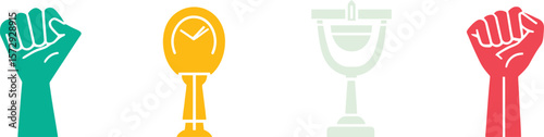 A graphic illustration of fists clock and a chalice on white