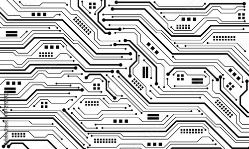 Abstract black circuit board technology connected lines electronics elements computer motherboard chip processor semiconductor digital on white background vector.