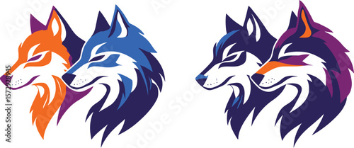 Two pairs of stylized wolf heads in different color variations
