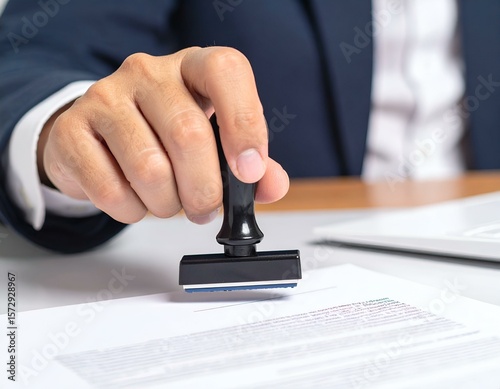 Close-up of a businessman's hand using a rubber stamp on a document. Concept of official approval, legal certification, business agreement, and administrative process.
