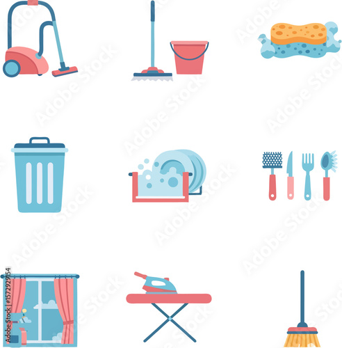A collection of colorful flat-design icons depicting various household cleaning and tidying tasks.