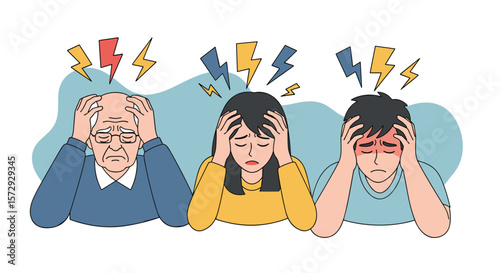 Three people experiencing stress and mental strain holding their heads