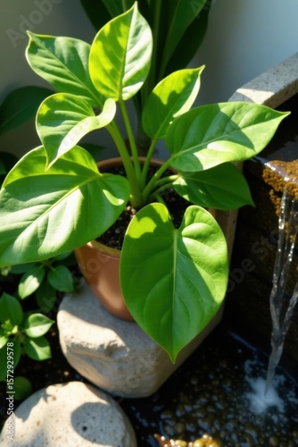 Vibrant Green Foliage Thriving Near a Serene Water Feature in a Tranquil Garden Setting