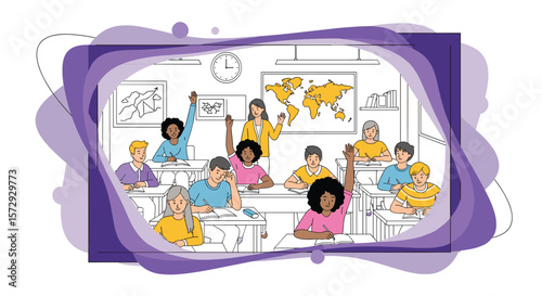 Diverse students engaged in learning and participation in a vibrant classroom setting