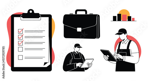 Business professionals working on project management and task completion with checklist and briefcase