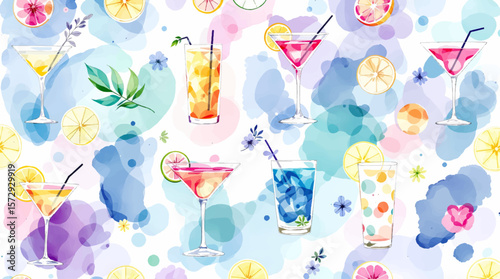 Vibrant watercolor illustration of various tropical cocktails with umbrellas and fresh fruit