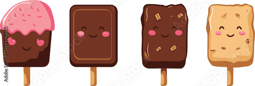 Four cute cartoon ice cream bars with different flavors shown