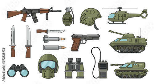Collection of military equipment and weaponry in pixel art style