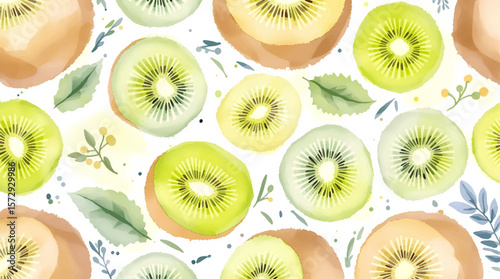 Hand-Painted Kiwi Fruit Seamless Pattern in Soft Green Tones Inspired by Natural Textures and Healthy Living