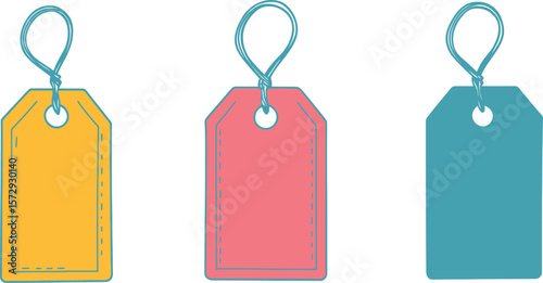 Three colorful price tags with string on a white background
