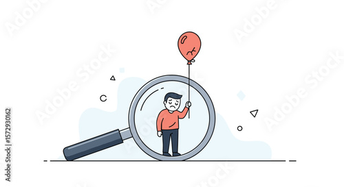 Man holding balloon under magnifying glass searching for something lost