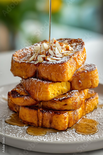 Wallpaper Mural Stacked French Toast Breakfast Brunch with Syrup and Almonds - Gourmet Fluffy Texture Food Photography Torontodigital.ca