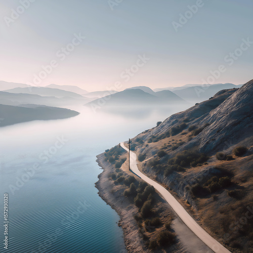 Wallpaper Mural Serene Mountain Landscape with Winding River Road - A Tranquil Horizon in Peaceful Blue Tones Torontodigital.ca
