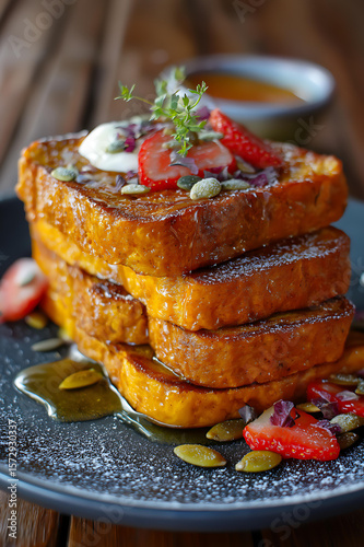 Wallpaper Mural Stacked French Toast Breakfast with Maple Syrup and Strawberries - Culinary Photography of a Sweet Gourmet Brunch Dish Torontodigital.ca