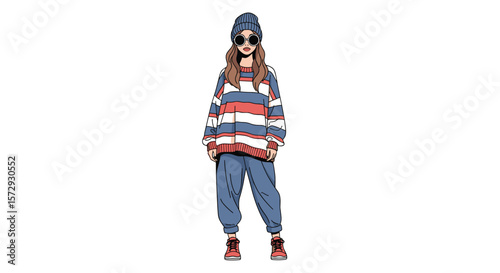Stylish young woman posing in fashionable streetwear outfit with a striped sweater and blue pants