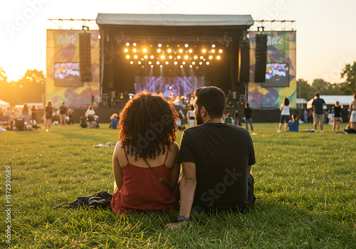 A couple sits on the grass watching a concert at sunset, with a stage and crowd in the background.