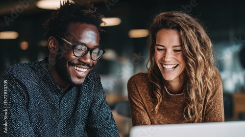 Man and woman reviewing marketing strategy together happily