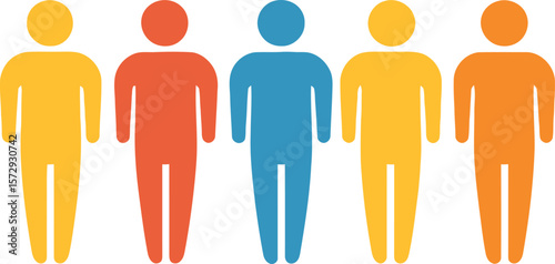 A group of five stylized figures in different color variations