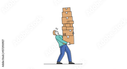 Man struggling to carry tall stack of heavy cardboard boxes for moving day logistics