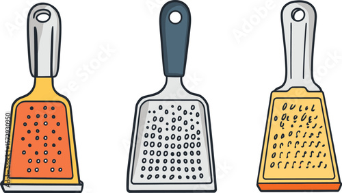 Three graters with different colors and hole patterns isolated