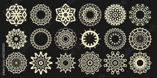 Eighteen lacy white mandalas, round ornaments, designs for your projects on a black background. Vector set