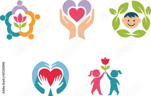 Collection of colorful, symbolic logos featuring hands holding hearts, children, flowers, and community.