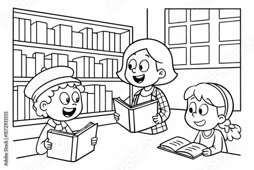 Vector line art of children reading books in a cozy library, smiling faces, bookshelves in the background, black and white coloring page