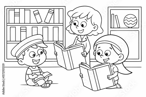 Vector line art of children reading books in a cozy library, smiling faces, bookshelves in the background, black and white coloring page