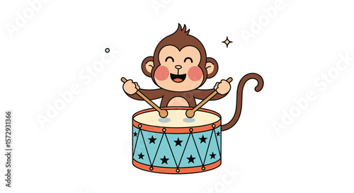 Joyful monkey playing drums with drumsticks on a musical instrument drum with stars pattern