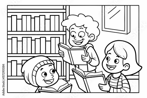 Vector line art of children reading books in a cozy library, smiling faces, bookshelves in the background, black and white coloring page