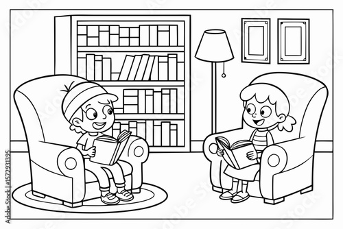 Vector line art of children reading books in a cozy library, smiling faces, bookshelves in the background, black and white coloring page