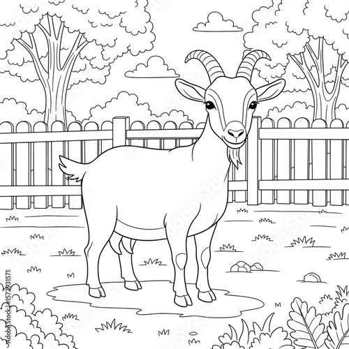 Standing goat in farmyard with wooden fence and trees – cartoon line art farm animal coloring page for kids, rural scene printable illustration