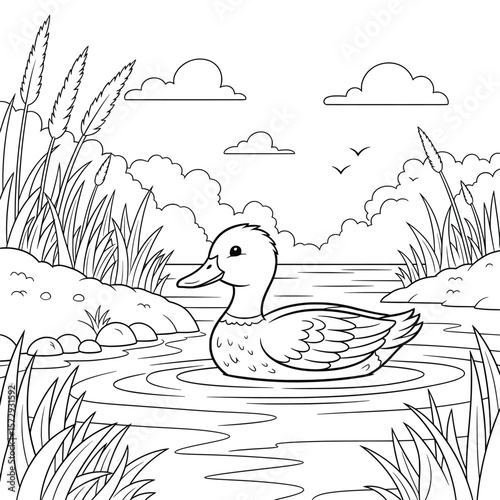 Duck swimming in pond surrounded by reeds – cute cartoon duck coloring page for kids, peaceful nature landscape line art illustration