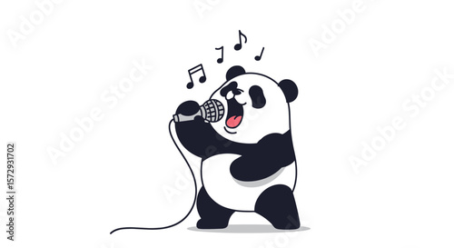 Adorably cute panda singing with a microphone and music notes