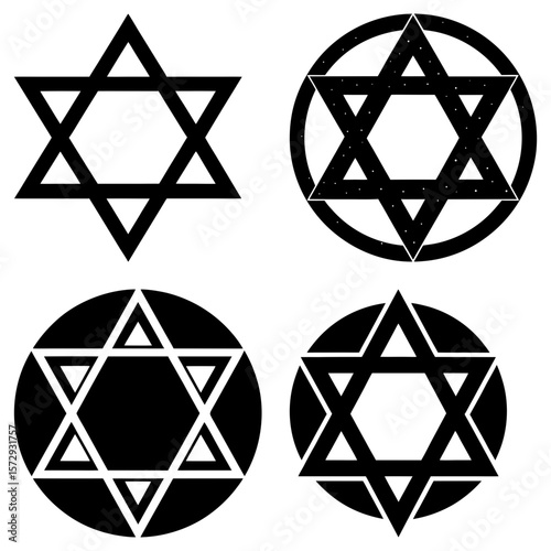 Four star of david variations including a simple star and stars within circles in black and white