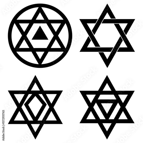 Four stylized black star of david variations with geometric shapes in a symmetrical arrangement on white