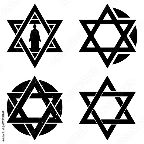 Four black star of david symbols with variations including a man and circles on a white background