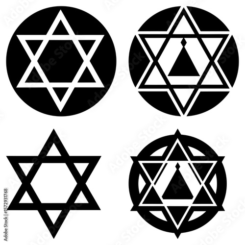 Illustration of four star of david symbols in black and white with varying designs and configurations