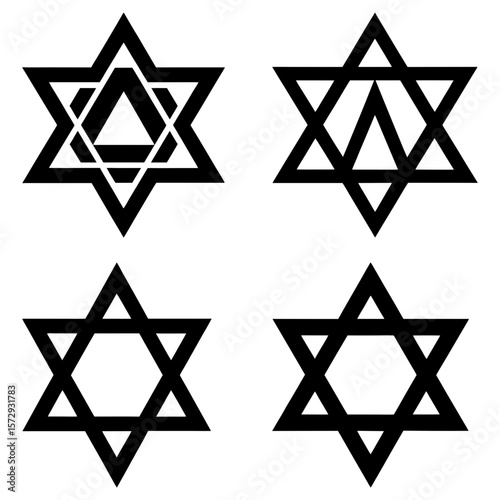 Four black star of david variations with triangles inside on a white background graphic design