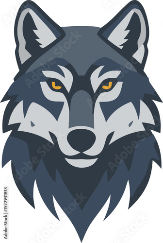 A stylized illustration of a wolf's head, facing forward with intense eyes.