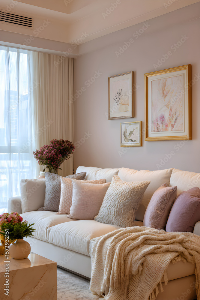 Fototapeta premium Serene Living Room with Pastel Tones and Soft Cushions Creating a Tranquil, Inviting Ambiance for Comfortable Relaxation